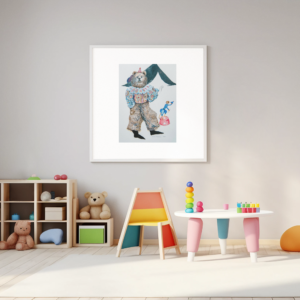 Under the Big Top Nursery Art print featuring circus bear and monkey